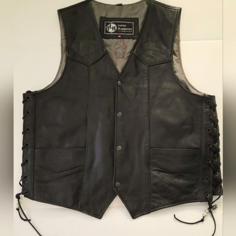 Leather Headquarters Vest -Harley Davidson Emblem, Lace Up Sides Men's Size M
